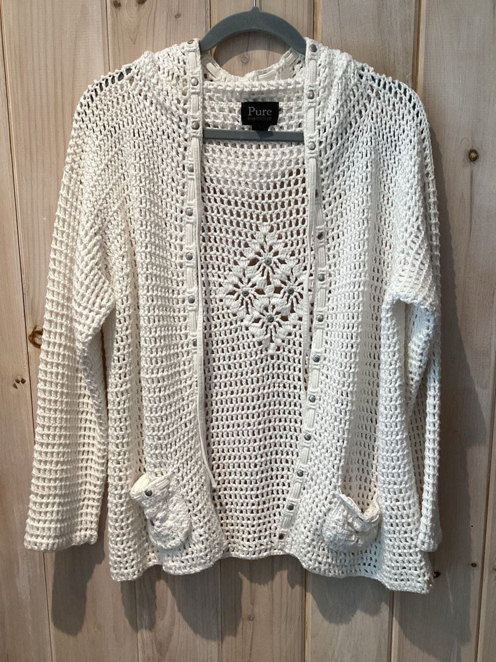 Pure Handknit  White Open knit Crochet Cardigan with Floral Detail